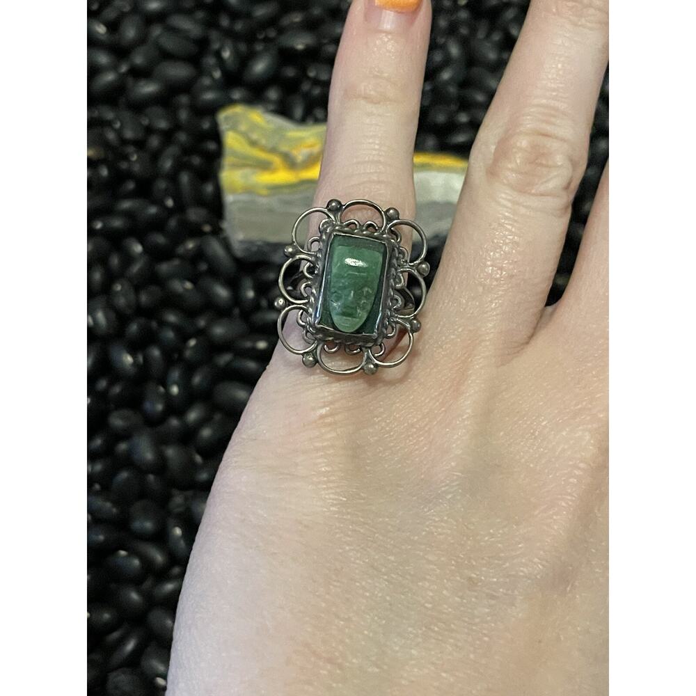 Mexico Sterling Silver Carved Green Onyx Aztec Mayan Face Ring🌵Size 5
